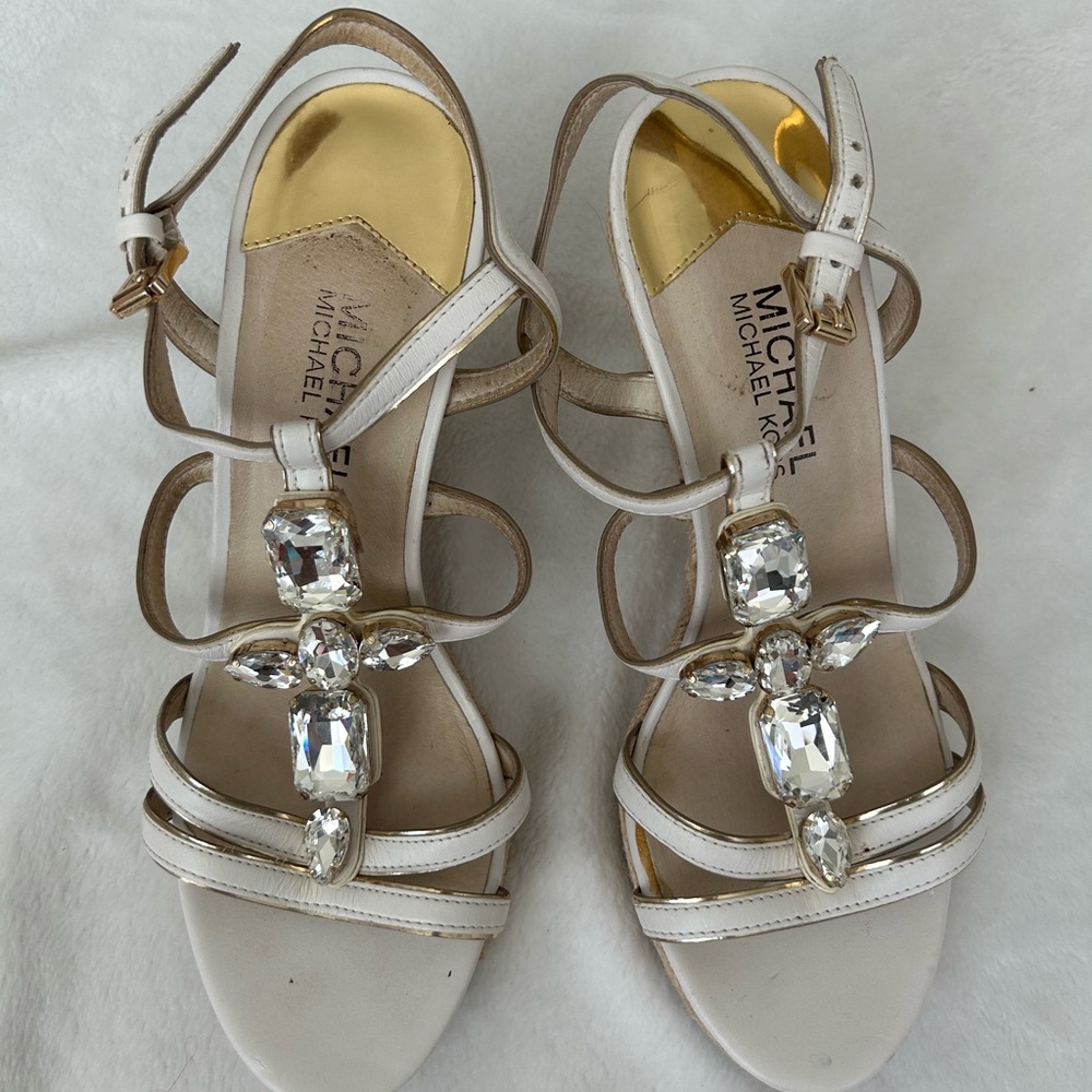 Michael Kors Cream Strappy Heels with Crystal Accents
